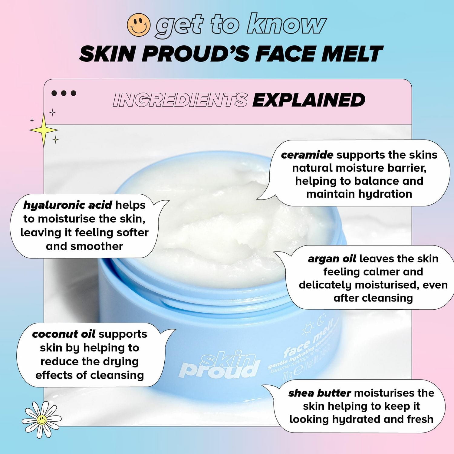 Skin Proud - Face Melt - Baume Nettoyant Hydratant Doux avec Complexe Hydratant d'acides Hyaluroniques, 100% Vegan (70g)