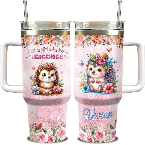 Personalized Hedgehog Tumbler 40oz with Handle and Straw Stainless Steel Custom Name Travel Mug Insulated Keep Cold Hot Drinks Gifts for Hedgehogs Lovers Women Girls Christmas Birthday