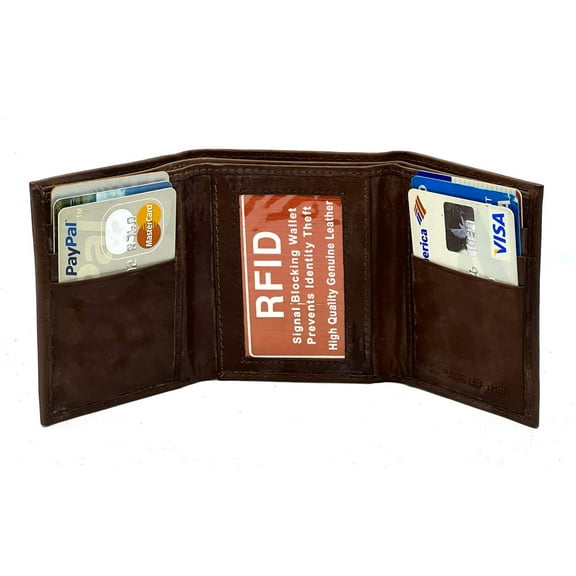 RFID BLocking Genuine Leather Men's Trifold Premium Cowhide Wallet Center Flap