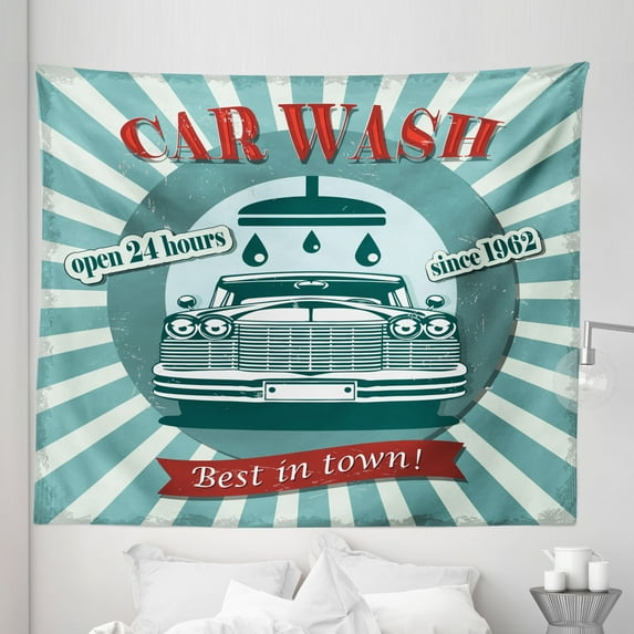Retro Tapestry, Vintage Graphic Design for a Car Wash Sign Commercial Aged Classic Vintage Arsty, Fabric Wall Hanging Decor for Bedroom Living Room Dorm, 5 Sizes, Red Teal, by Ambesonne