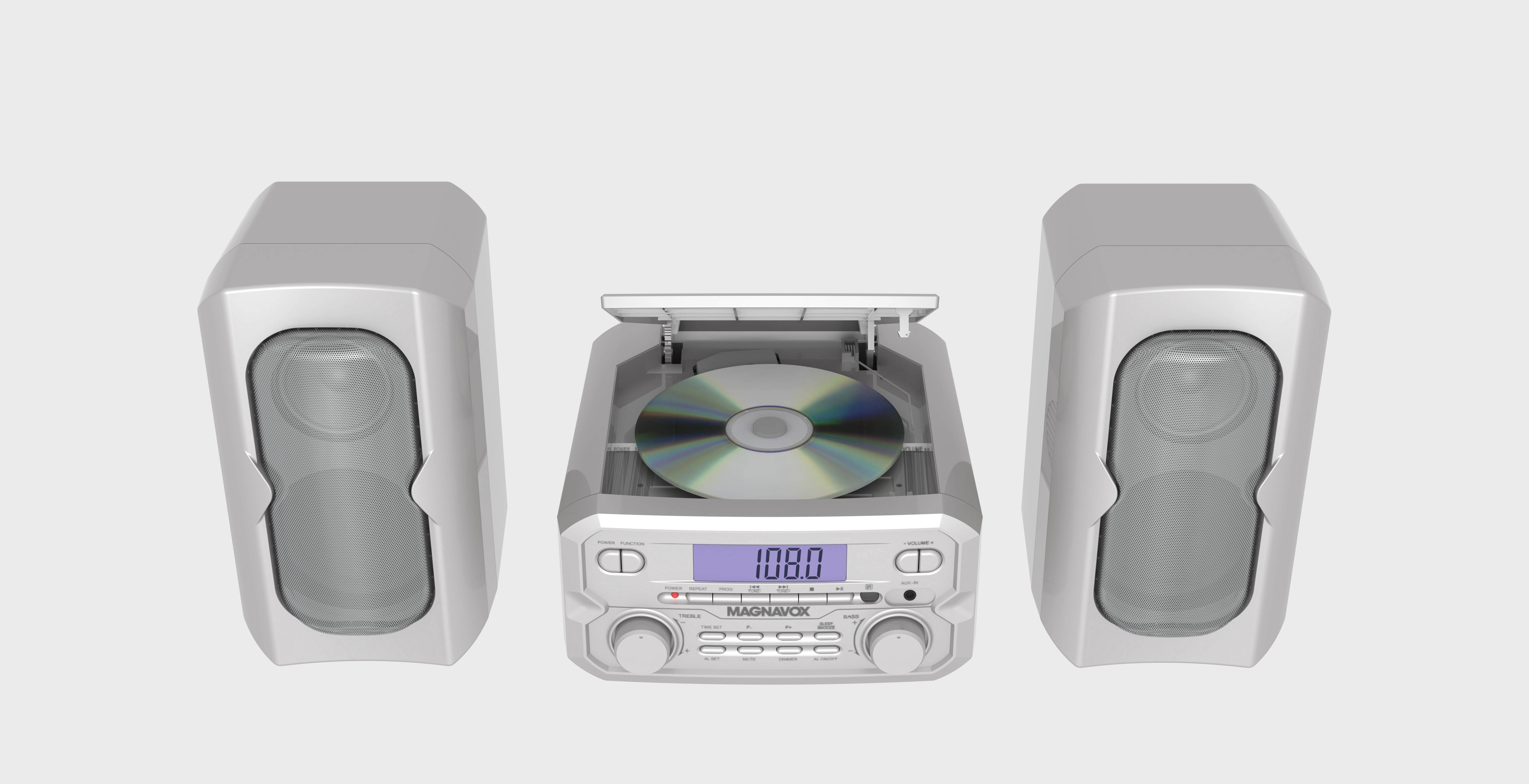 Magnavox Bluetooth 3-in-1 CD Shelf System with FM Stereo, Compact CD Player with Bluetooth Streaming, AUX Input, LCD Display, Top-Loading CD Player, Silver