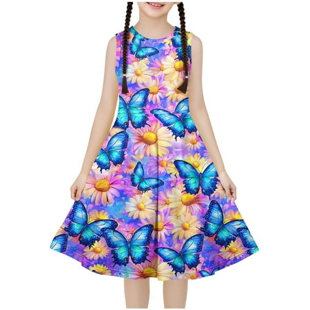 Ugoldhm Girls Casual Dresses Breathable Sleeveless Cute Print Boho Dress A-Line Dress Summer Outfits Size 4-14
