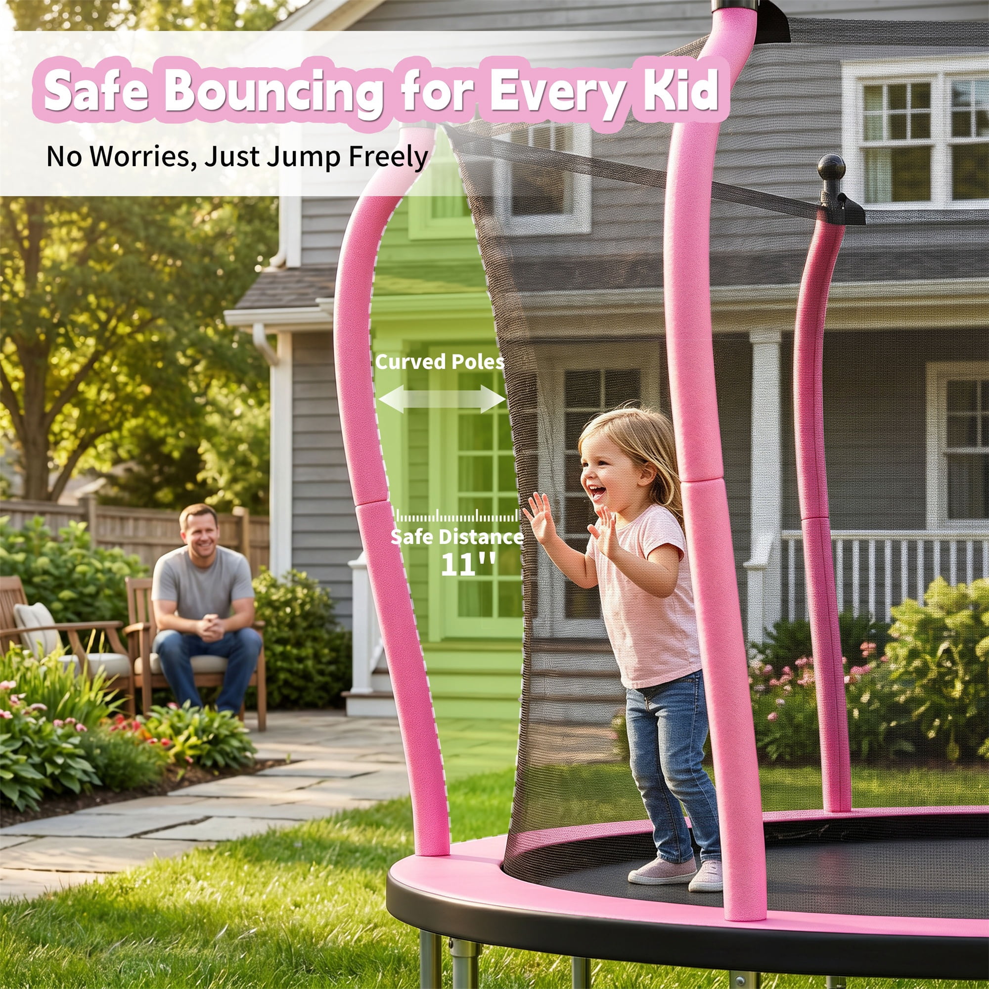 Alvantor 14Ft Trampoline for Kids & Adults, Pumpkin Trampoline with Enclosure Net and Ladder for Backyard Pink