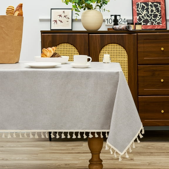 Sanmadrola Rectangle Table Cloth Waterproof Linen Textured Tablecloth with Tassels Decorative Tablecloths Farmhouse Table Cover for Dining Party Buffet Wedding, 55 x 71 Inch