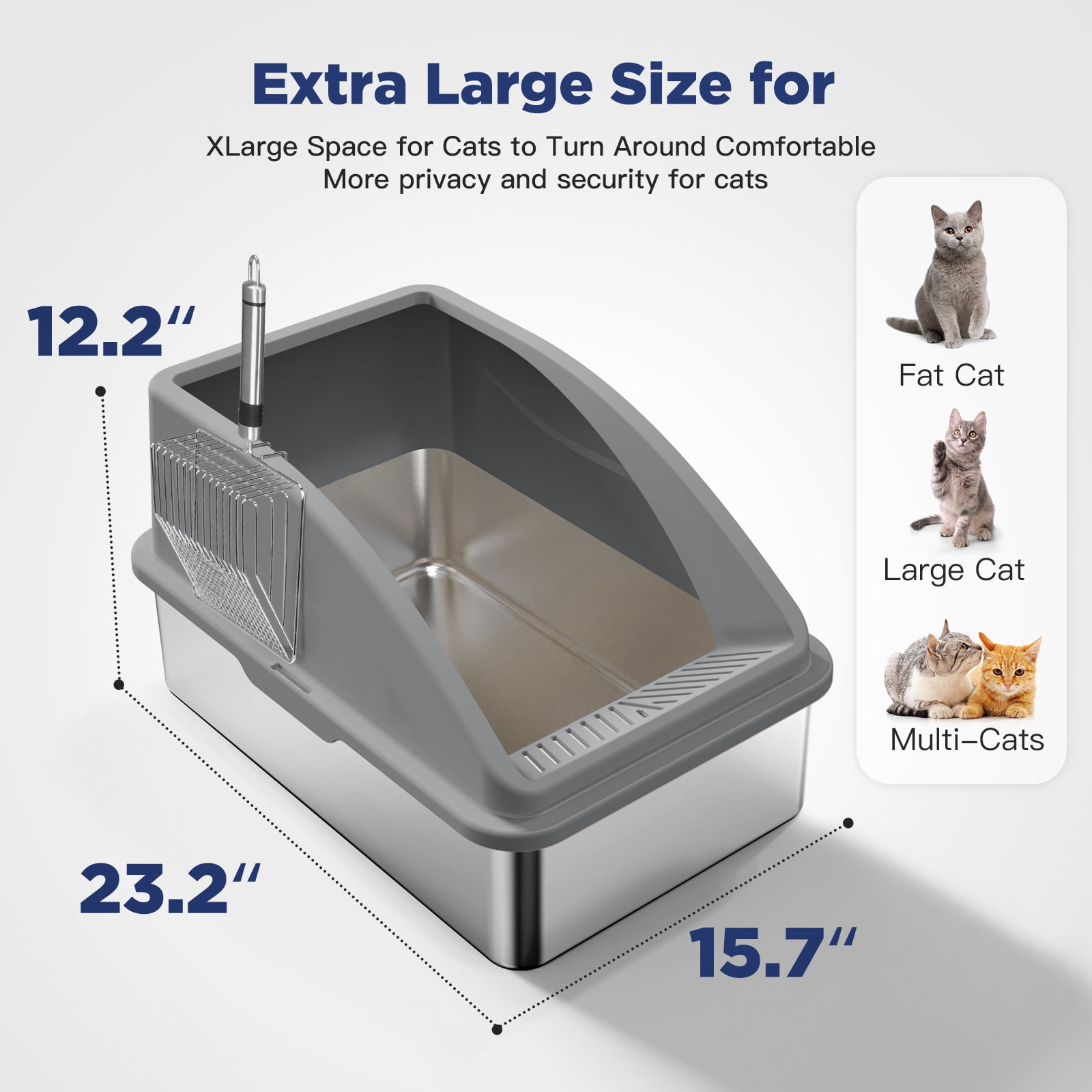 Extra Large Stainless Steel Cat Litter Box, XL Litter Boxes for Big Cats & Multiple Cats, Metal Litter Box with High Sides & Metal Scoop/Mat, Easy to Clean, Dark Gray
