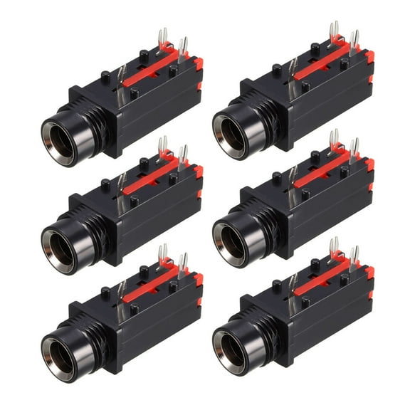 PCB Mount 6.35mm 3 Pin Socket Headphone Stereo Jack Audio Video Connector Black Red, 6Pcs