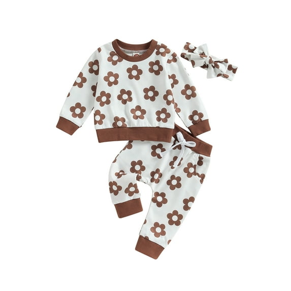 Arvbitana Toddler Infant Girls Casual Outfits Flower Print Long Sleeve Crew Neck Sweatshirt and Elastic Waists Pants Bow Headband 3Pcs Sets 0-3T