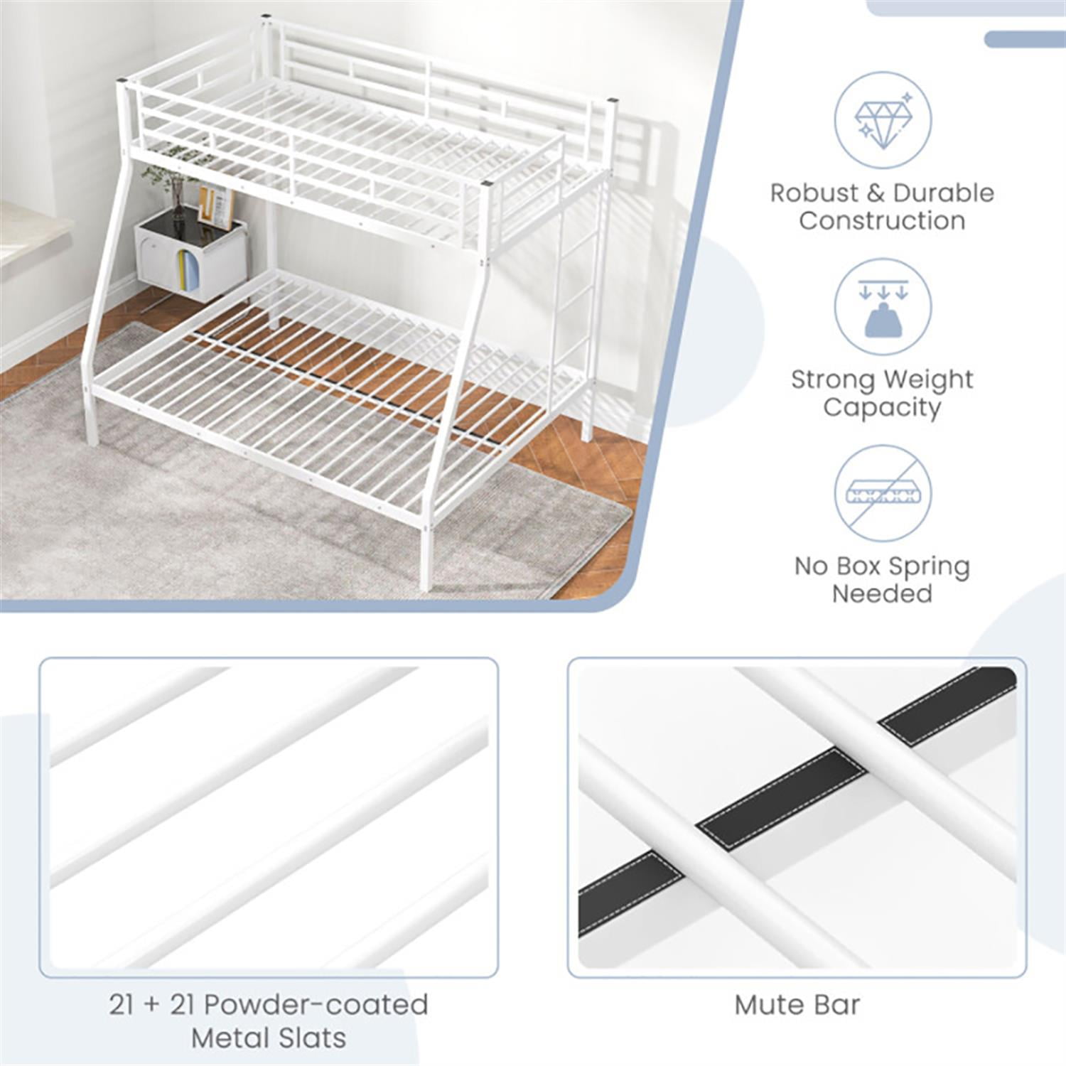 Demi Bonn Twin Over Full Bunk Bed with Safety Rail and Ladder, Twin Bunk Beds, Space-saving Metal Slatted Bed Frame, No Box Spring Needed, White