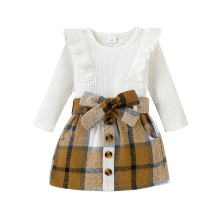 

hirigin Baby Girls Autumn Outfit Sets Solid Color Long Sleeve Ruffle Romper + Plaid Skirt with Belt