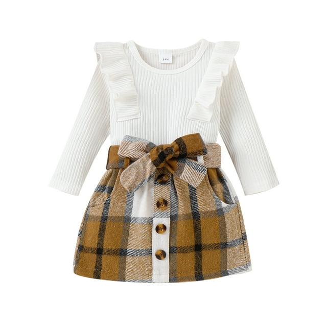 xiaxaixu Baby Girls Autumn Outfit Sets Solid Color Long Sleeve Ruffle Romper + Plaid Skirt with Belt