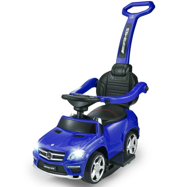 VOLTZ TOYS Push Car for Kids, Mercedes-Benz AMG GL63 4-in-1 Push Car, Foot to Floor Pedal Car with Detachable Push Bar, Leather Seat, Foot Rest, LED Lighting, MP3 and Foldable Rocking Rails (Blue)