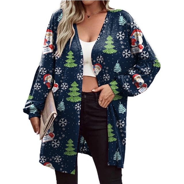 Chaqueta con estampado abierto de manga larga para mujer mayor, elegante abrigo de invierno azul marino para otoño