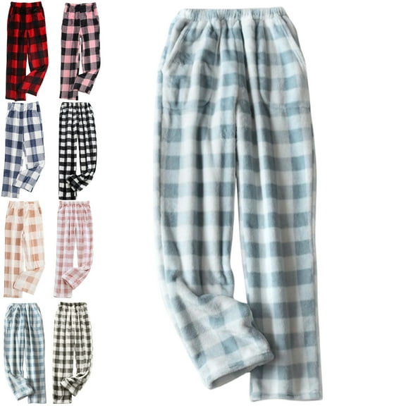 DENGDENG Womens Flannel Fall Pajamas Christmas Plaid Flannel Fleece Pjs Pants Cute Fuzzy Sleep Pants Winter Elastic Waist Loose Fit Soft Pajama Bottoms with Pockets Sky Blue 3XL