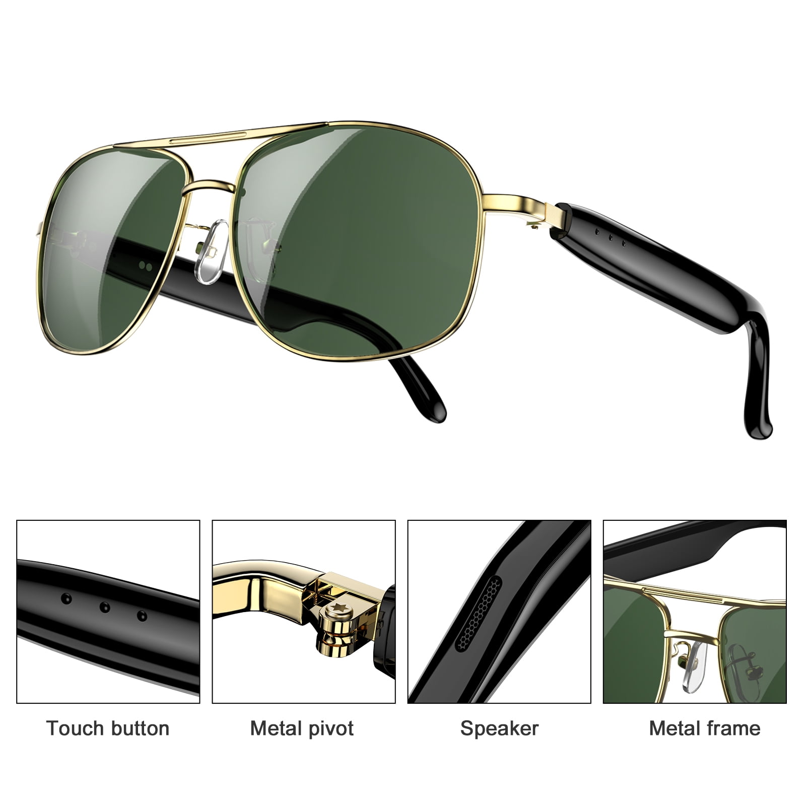 LUOMATE Smart Glasses with Bluetooth Audio, Sunglasses with Voice Assistant, Open Ear Speaker, LensTouch Control for Travel Work Business (Gold)