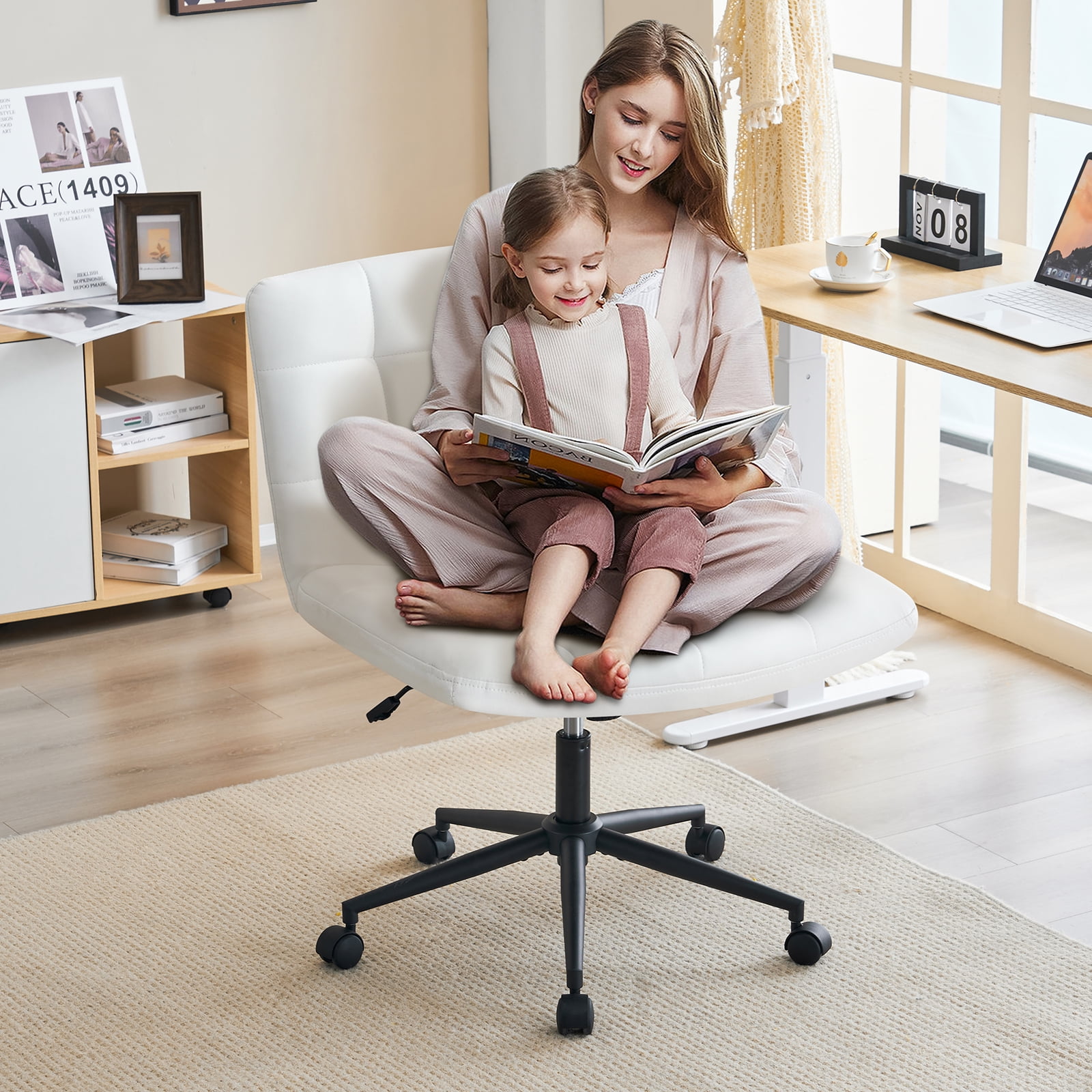 Modern Armless Home Office Chair Wide Desk Chair with Wheels Swivel Task Chair for Home Office, Bedroom. PU-Ivorywhite