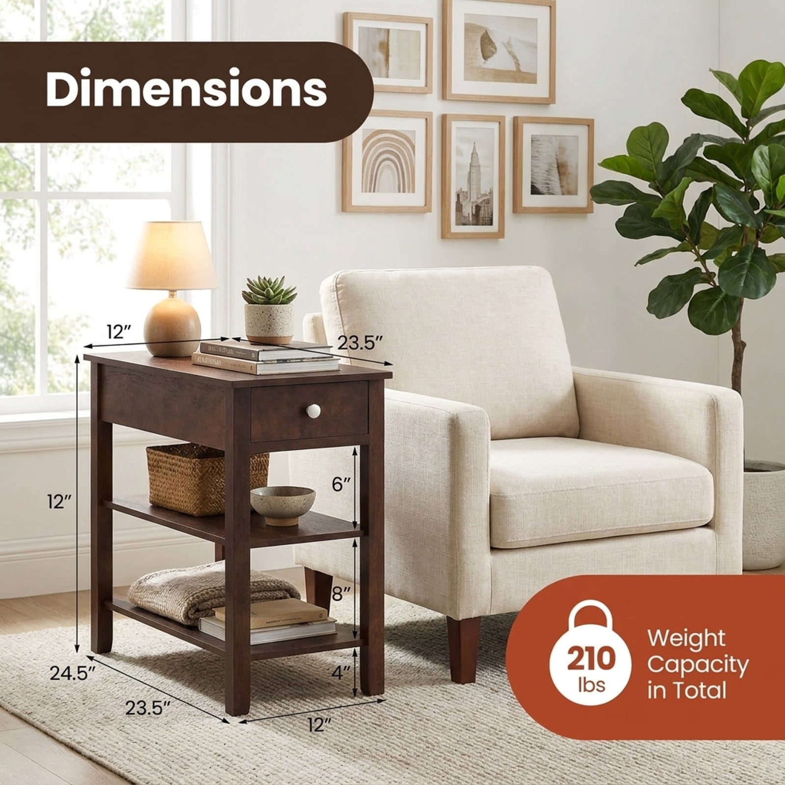 Furnibear 3 Tier Narrow End Table with Pull Out Drawer and Open Storage Shelves and Solid Rubber Wood Legs for Living Room and Bedroom, Walnut