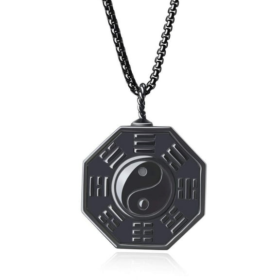COAI Black Obsidian Stone Eight Diagrams Yin Yang Pendant Necklace Stainless Steel Chain