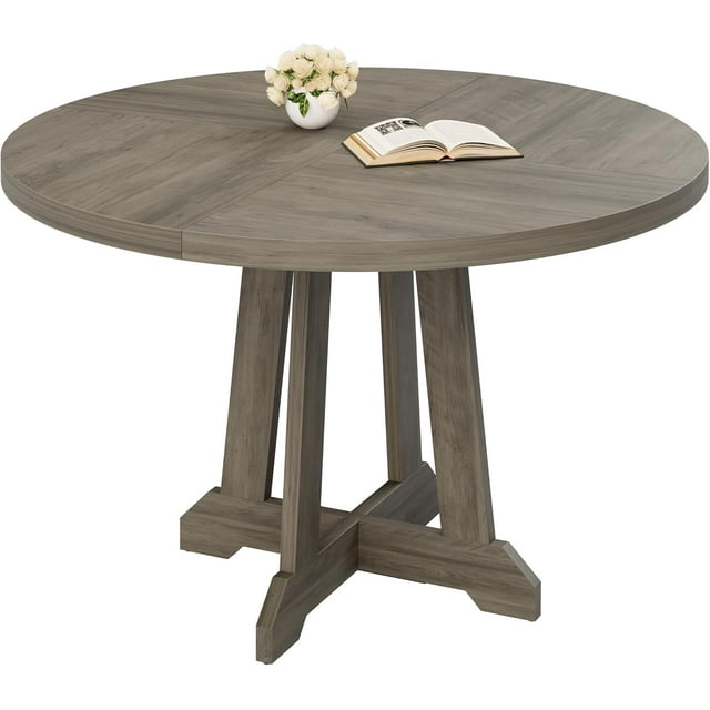 Yiwa Expandable 47 Inch Round Dining Table, Wooden Pedestal Base, Foldable Dinner Table for 4-6 People