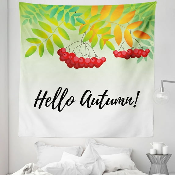 Hello Fall Tapestry, Autumn Theme Hand Writing and Colorful Seasonal Berry Fruits on Plain Backdrop, Fabric Wall Hanging Decor for Bedroom Living Room Dorm, 5 Sizes, Multicolor, by Ambesonne