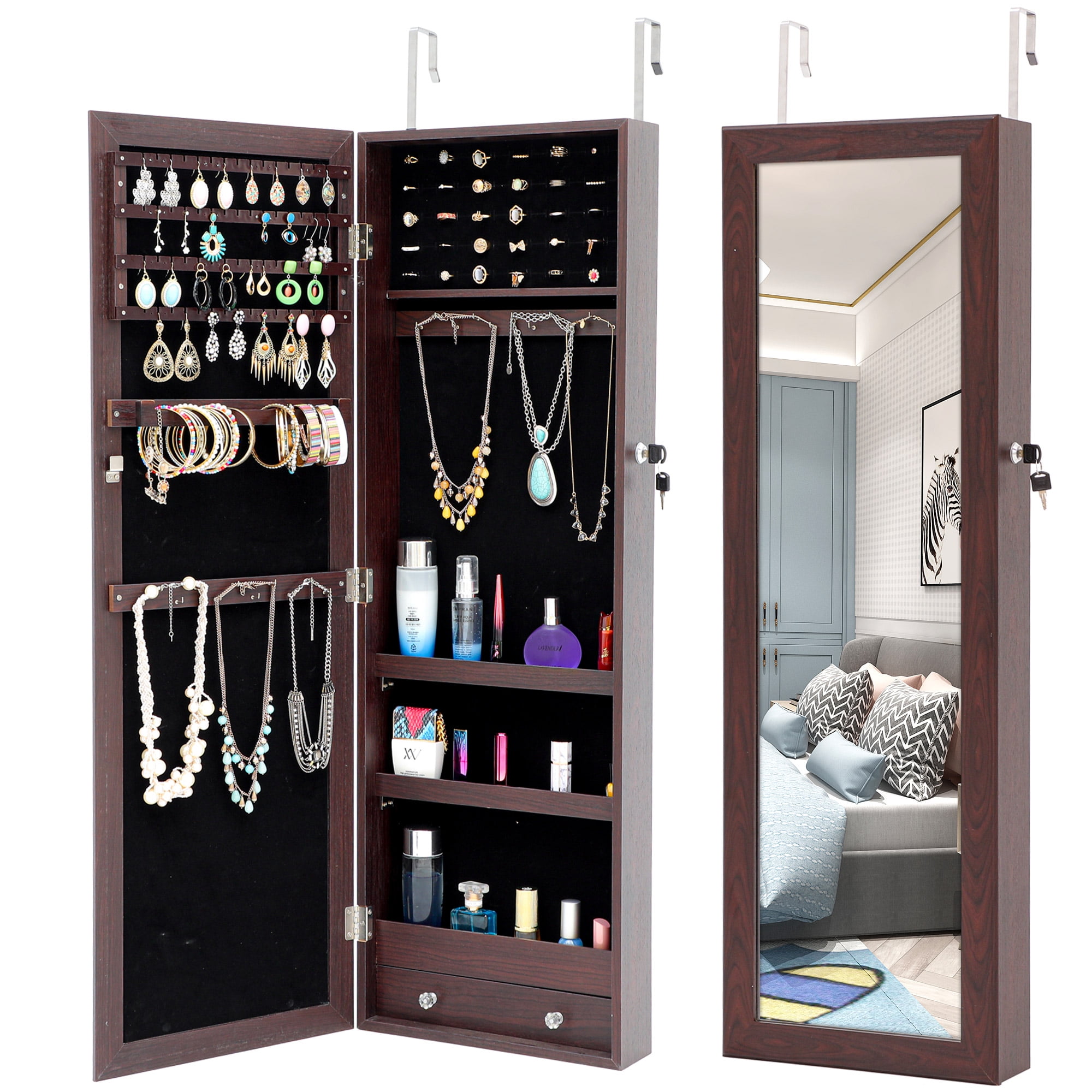 Wall Mounted/Standing Jewellery Mirror Cabinet LED Makeup Storage Jewelry Boxes 