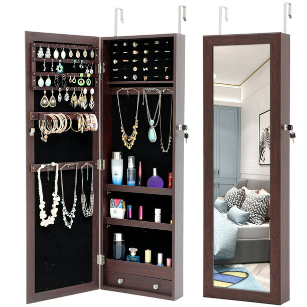 Uhomepro Wall Mount Jewelry Cabinet Mirrored Armoire Mirror With Storage Dressing Wood Frame Lockable Organizer Space Saving 14 2 L X 3 9 W 43 4 H Brown W14988 Com - Wall Mounted Jewelry Organizer Mirror Frame