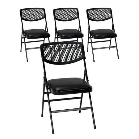 COSCO Commercial Vinyl Padded Seat Folding Chair with Resin Mesh Back, Black, 4-pack