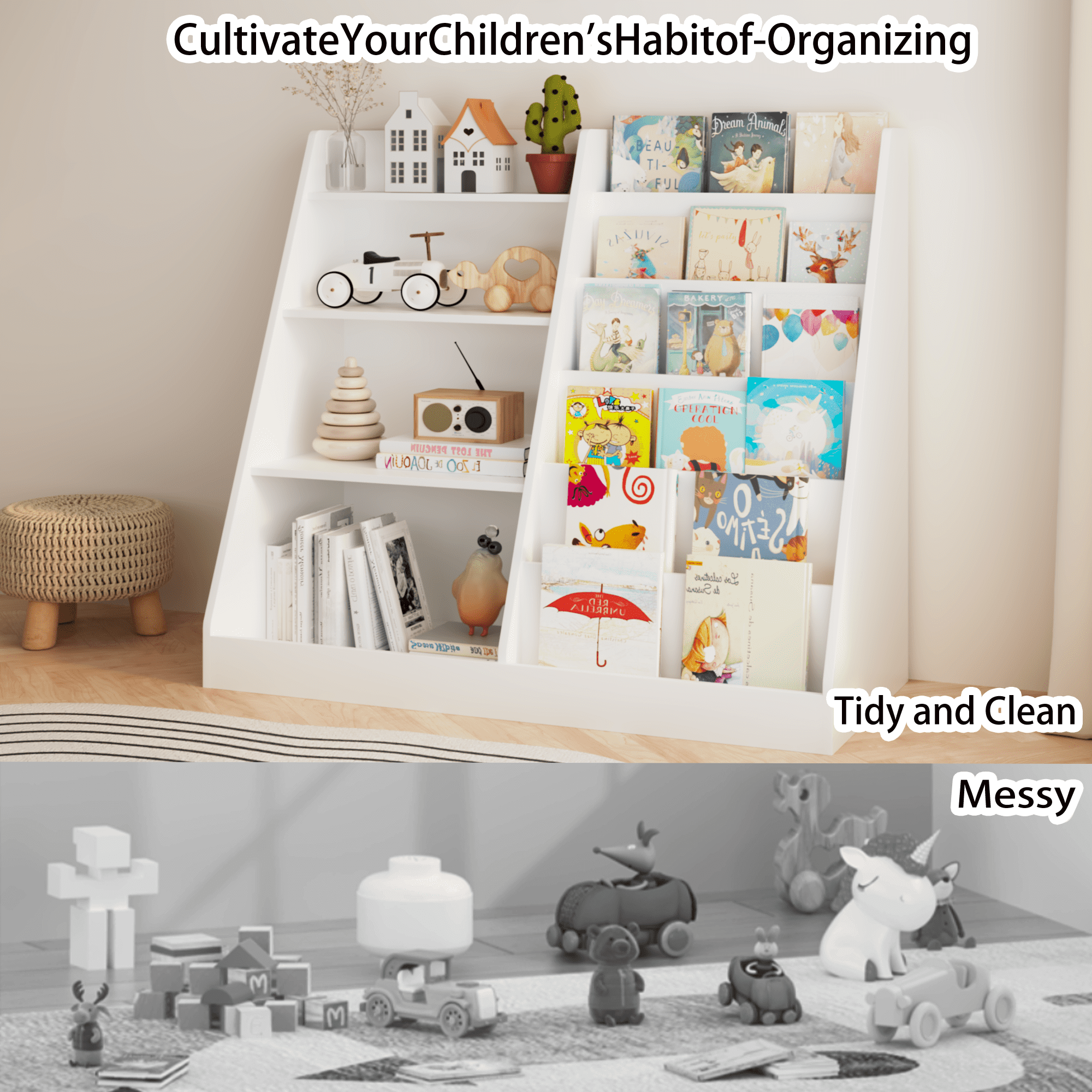 Kids Bookshelf, 4-Tier Wooden Bookcase With 2 Shelves And Toy Storage Bin, MDF Board For Books And Toys Display In Childrens Room Playroom Nursery, 34.65 x 15.75 Inch White