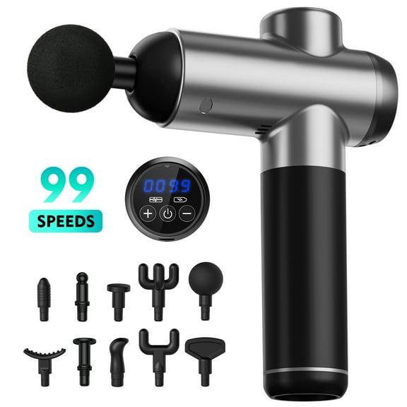 Cshidworld 99 Speed Adjustable Fascial Massage Gun, Handheld, Deep Tissue Massage, Motorized Silent Portable with 10 Customized Massage Heads for Muscle Soreness and Stiffness，Gray