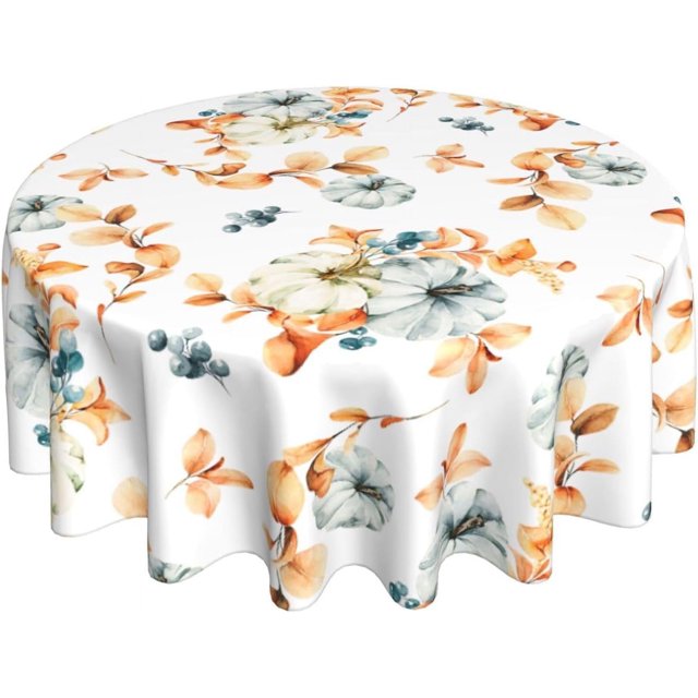 Fall Tablecloth Round 60 Inch Orange Maple Pumpkins Table Cloth,Stain Resistance Polyester Thanksgiving Day Harvest Table Covers for Kitchen Dining,Small Tablecloth for Party Picnic