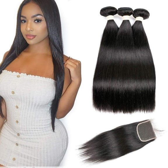 Brazilian Straight Virgin Hair 3 Bundles With Closure Free Part 14"16"18"with 14" Closure 100% Unprocessed Remy Human Hair Extensions, Hair Weft Weave With Lace Closure, Natural Color