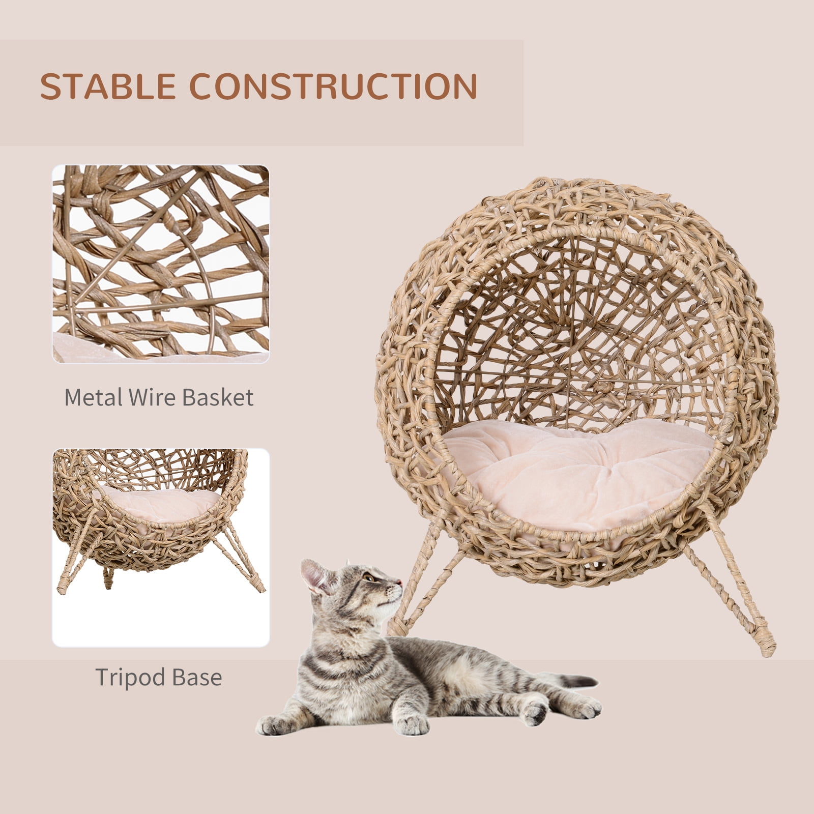 20.5" Weaved Cat Bed, Elevated Hand-woven Braided Banana Leaf Kitten House Condo with Cushion, Beige