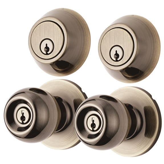 Hyper Tough Ball Combo Twin Pack Antique Brass (2 Entry Doorknobs & 2 Deadbolt Locks)