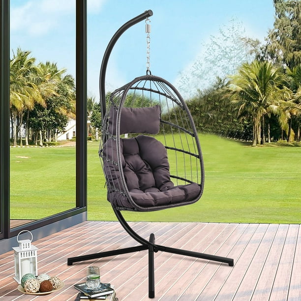 Uhomepro Resin Wicker Hanging Egg Chair, Hanging Egg Patio Swing With Base