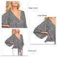 thumbnail image 2 of Blusa de manga larga con escote en V y estampado floral con nudo delantero, blusa holgada negra para mujer, talla L, 2 of 3