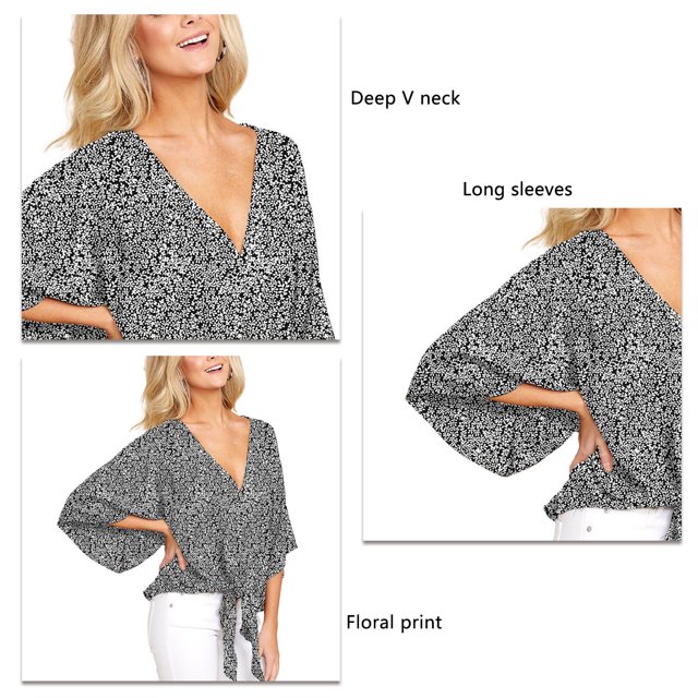 Blusa floral con cuello en V, blusa suelta para mujer, blusa floral con nudo floral, blusa con nudo frontal, calidad premium