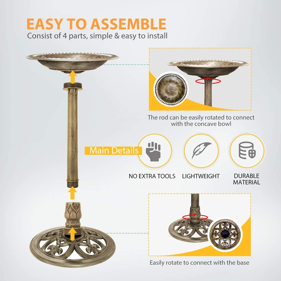 SPECSTAR Bird Bath, 28 inch Height Polyresin Lightweight Antique Outdoor Garden Birdbath Copper
