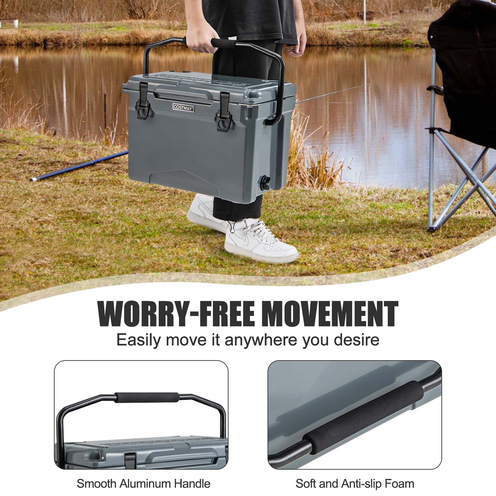 Costway 25 QT Portable Cooler Rotomolded Ice Chest Insulated Ice Box for 5-7 Days Charcoal