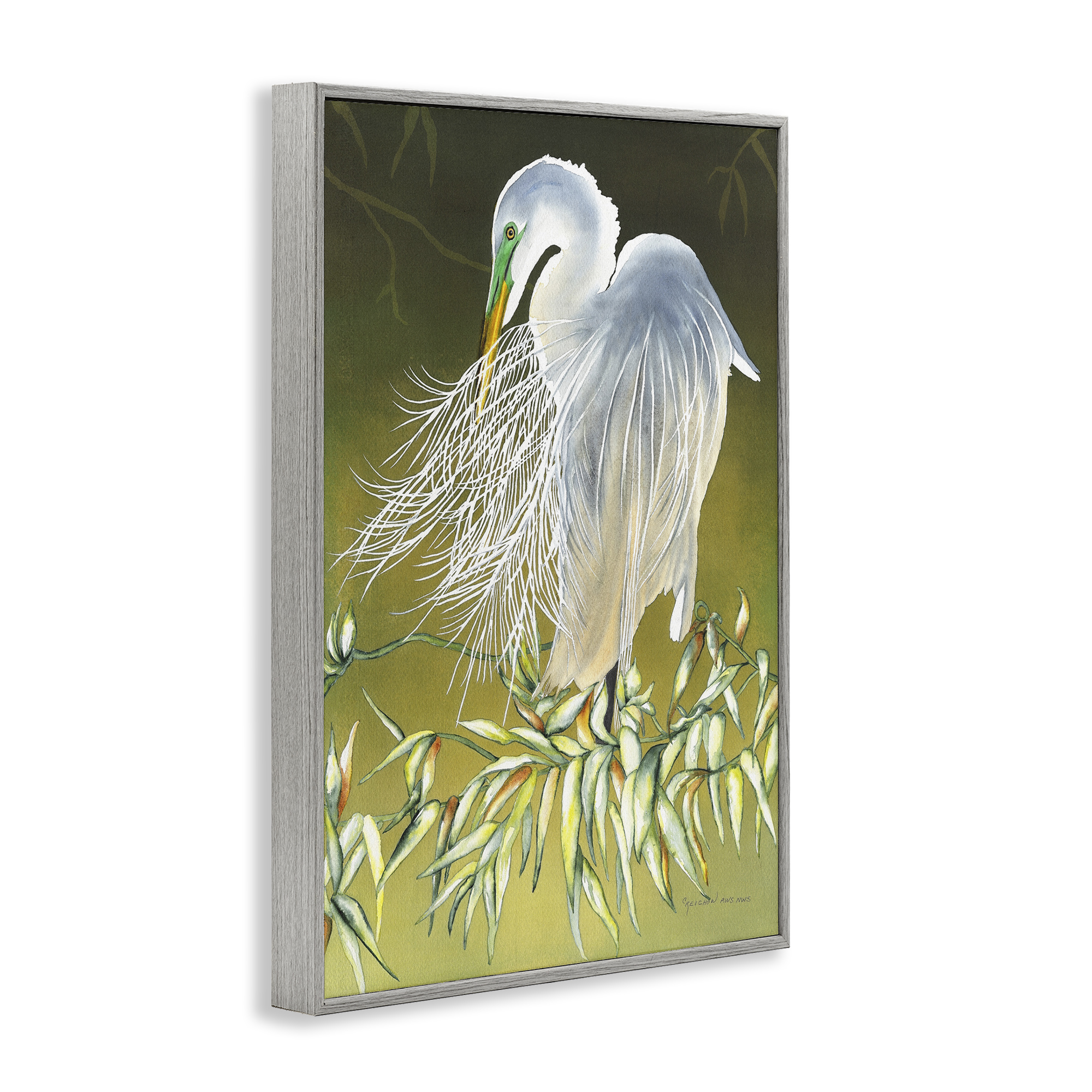 Stupell Industries Heron with Detailed Feathers Animals & Insects Painting Gray Framed Art Print Wall Art, 12 x 18