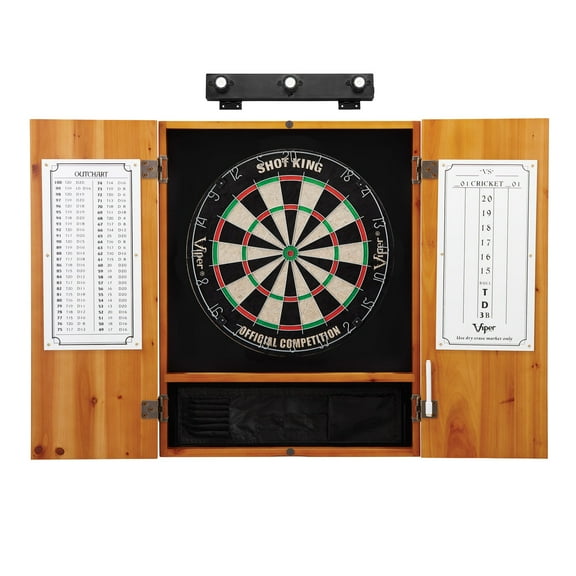 Viper Shot King Sisal Dartboard, Metropolitan Oak Cabinet & Shadow Buster Dartboard Lights