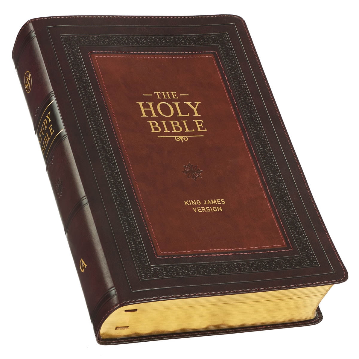 KJV Study Bible, Large Print King James Version Holy Bible, Thumb Tabs, Ribbons, Faux Leather Burgundy/Toffee Debossed