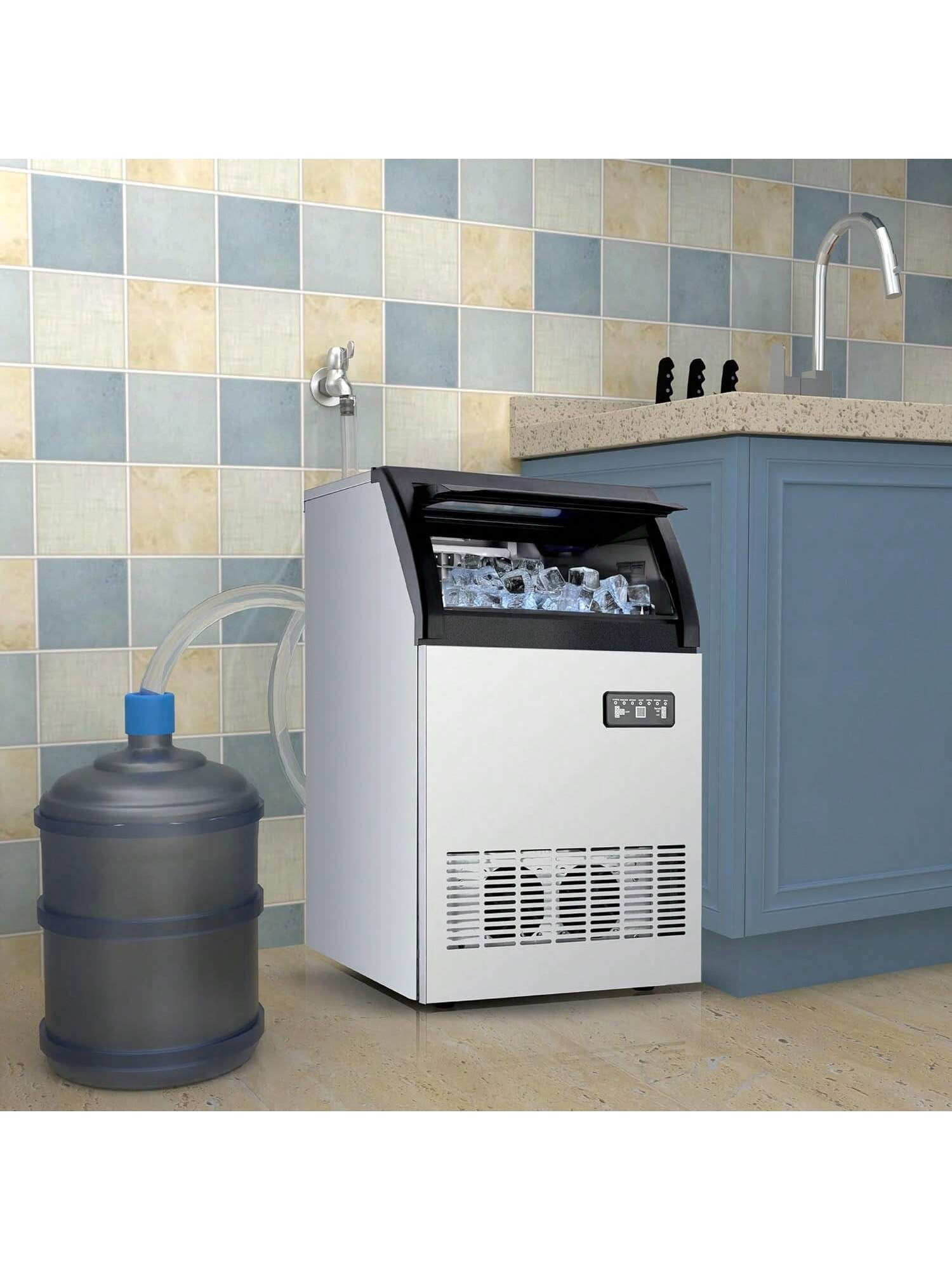 EastVita IdealHouse Commercial Ice Maker Machine. 120lbs/24H Stainless Steel Under Counter Ice Machine. Self Cleaning. 33 Lbs Basket For Home Office Restaurant Bar. Water Filter. Scoops. Drain Pipe