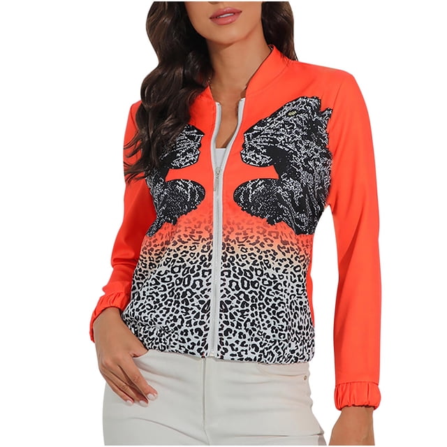 Veste pour Femmes Mode Femmes Printemps Automne Imprimé Fermeture Éclair Manches Longues Coupe Ajustée Veste