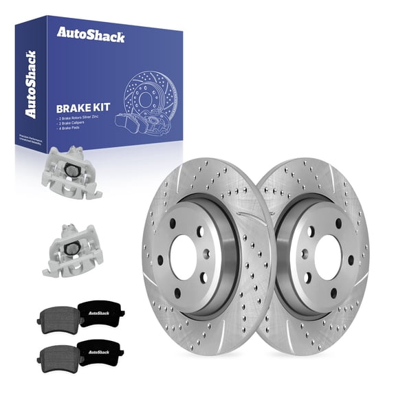 AutoShack Rear Solid Drilled & Slotted Silver Zinc Coated Brake Rotors   Premium Ceramic Pads   Calipers 8-PC Brake Kit Replacement for 2013-2016 Audi A4 SilverShield Pro 11.81" (299.9 mm)