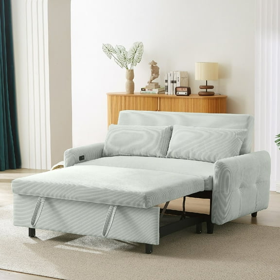 57.48" Pull-out Sofa Bed Convertible Couch 2 Seat Loveseat Sofa Modern Sleeper Sofa with Two Throw Pillows and USB Ports for Living Room, Light Grey-Green