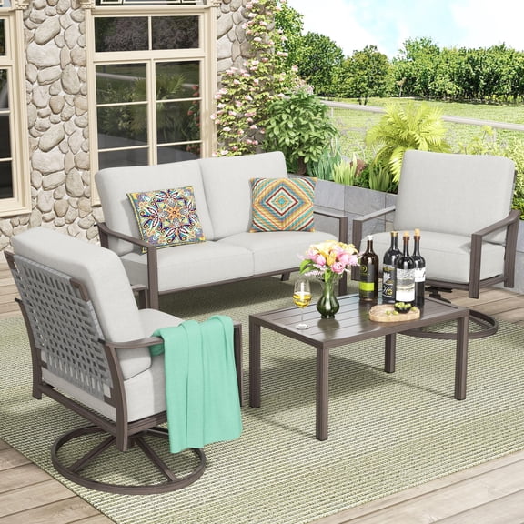 NATURAL EXPRESSIONS Patio Furniture Set,4 Piece Outdoor Conversation Metal Swivel Rocking Chairs Set with Hand-Woven Rope High Back,Sturdy Hand Brushed Wood Grain Finish Frame,6" Cushions for Yard