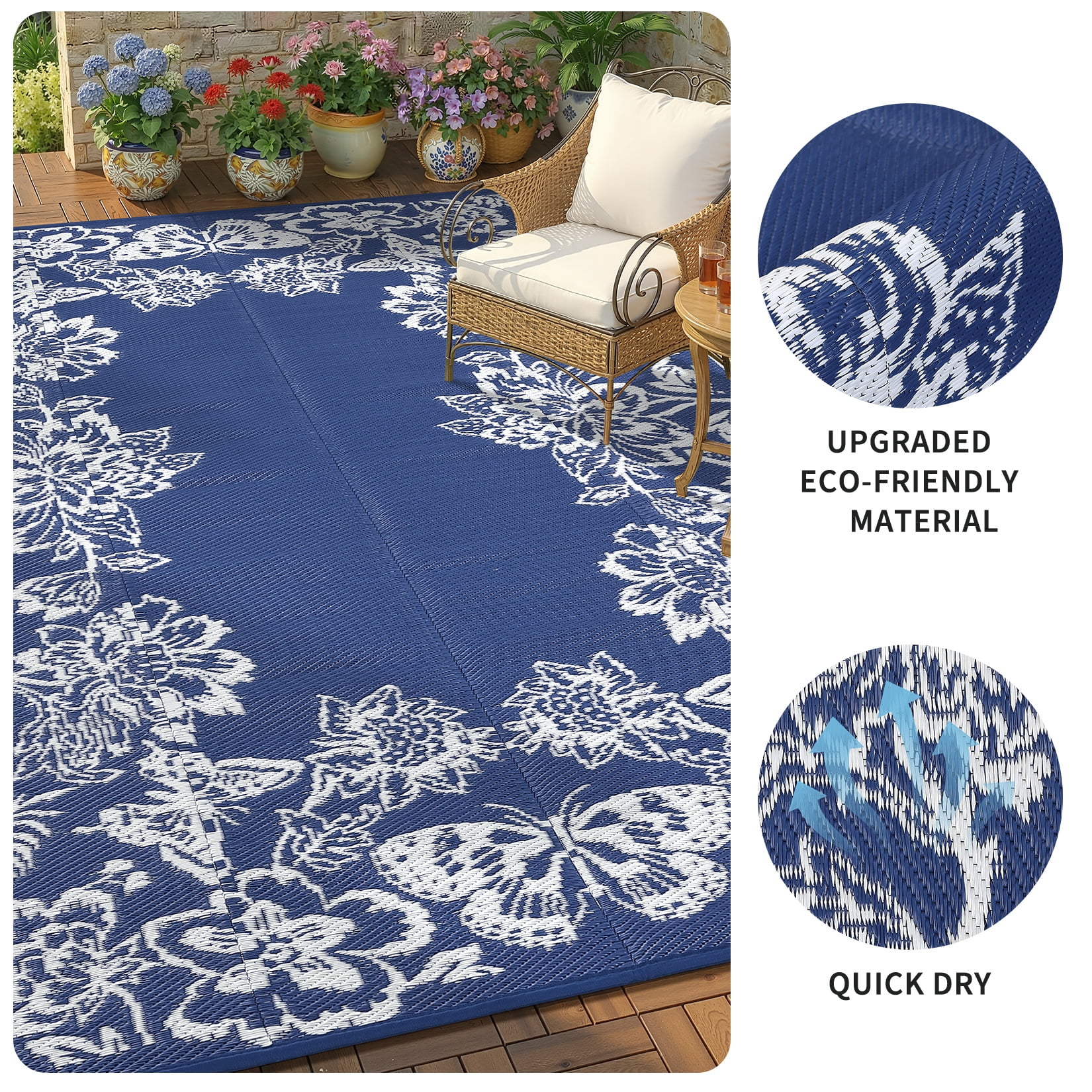 Nanan 9x12 Ft Outdoor Patio Rug, Plastic Straw Rug, Modern Waterproof Reversible Outdoor Rugs for Camping Picnic Backyard Balcony, Dark Blue
