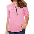 thumbnail image 2 of Summer Savings! TAGOLD Womens Plus Size Summer Tops,Womens Plus Size Tops,Women's Summer Long Sleeve Shirts Zip Casual Tunic V-Neck Rollable Blouse Tops Pink XXXXL, 2 of 6