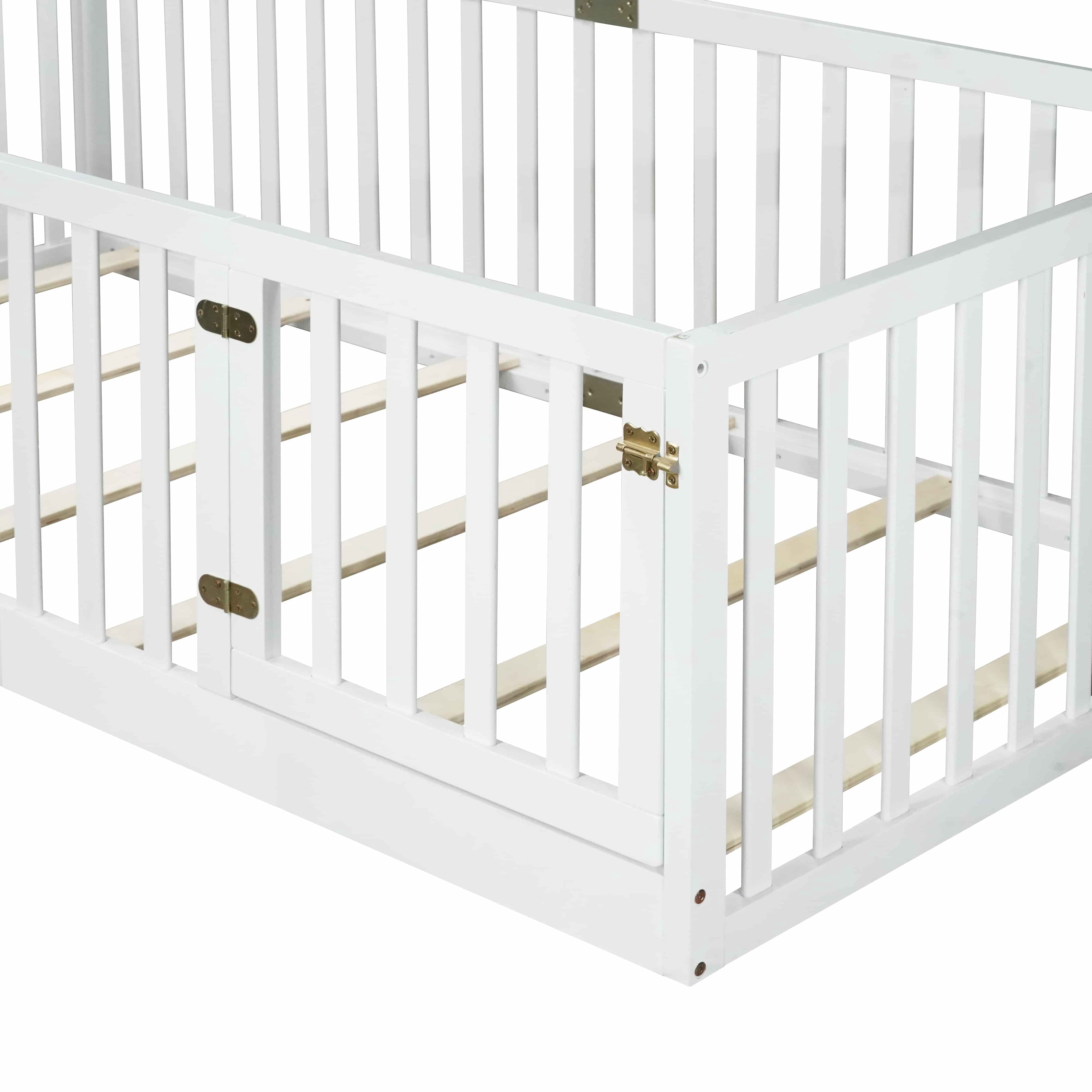 UHOMEPRO Twin Floor Bed with High Fence & Door, Montessori Floor Bed with 21.5" Safety Guardrails, Solid Wood Twin Beds Frame for Kids Girls, Boys, with Slats, White