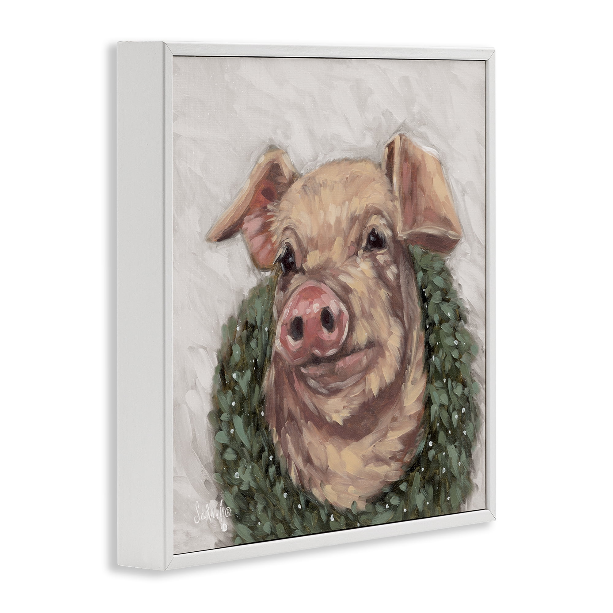 Stupell Industries Pig with Holiday Wreath Holiday Painting White Framed Art Prints Wall Art, 12 x 12
