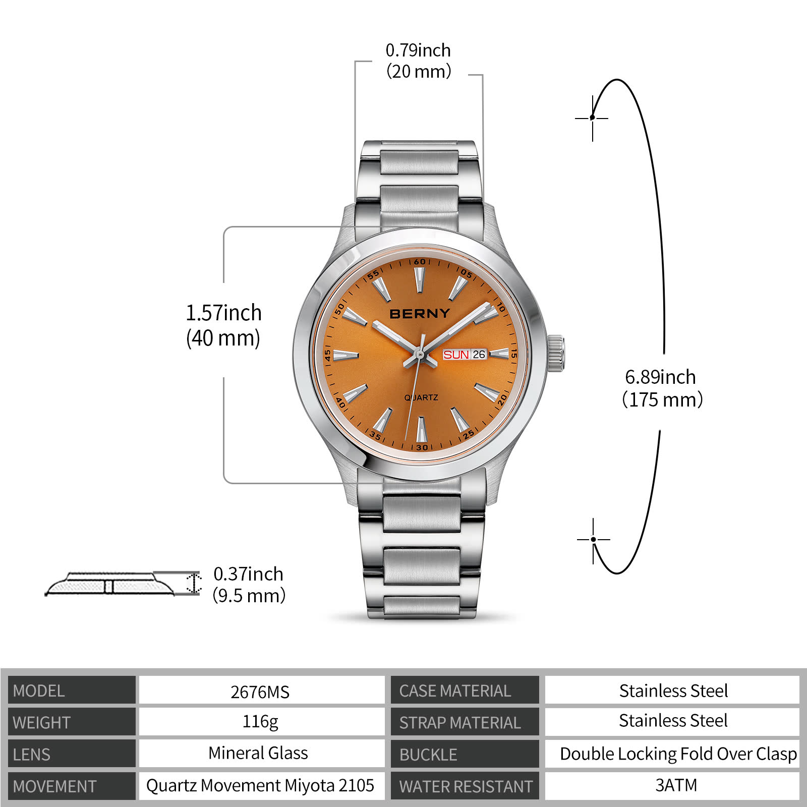 BERNY Quartz Watch for Men, Fashion Sports Wrist Watches with Solid Stainlesss Steel Case & Band, Date & Day Calendar, Casual Waterproof Men's Watches, Orange